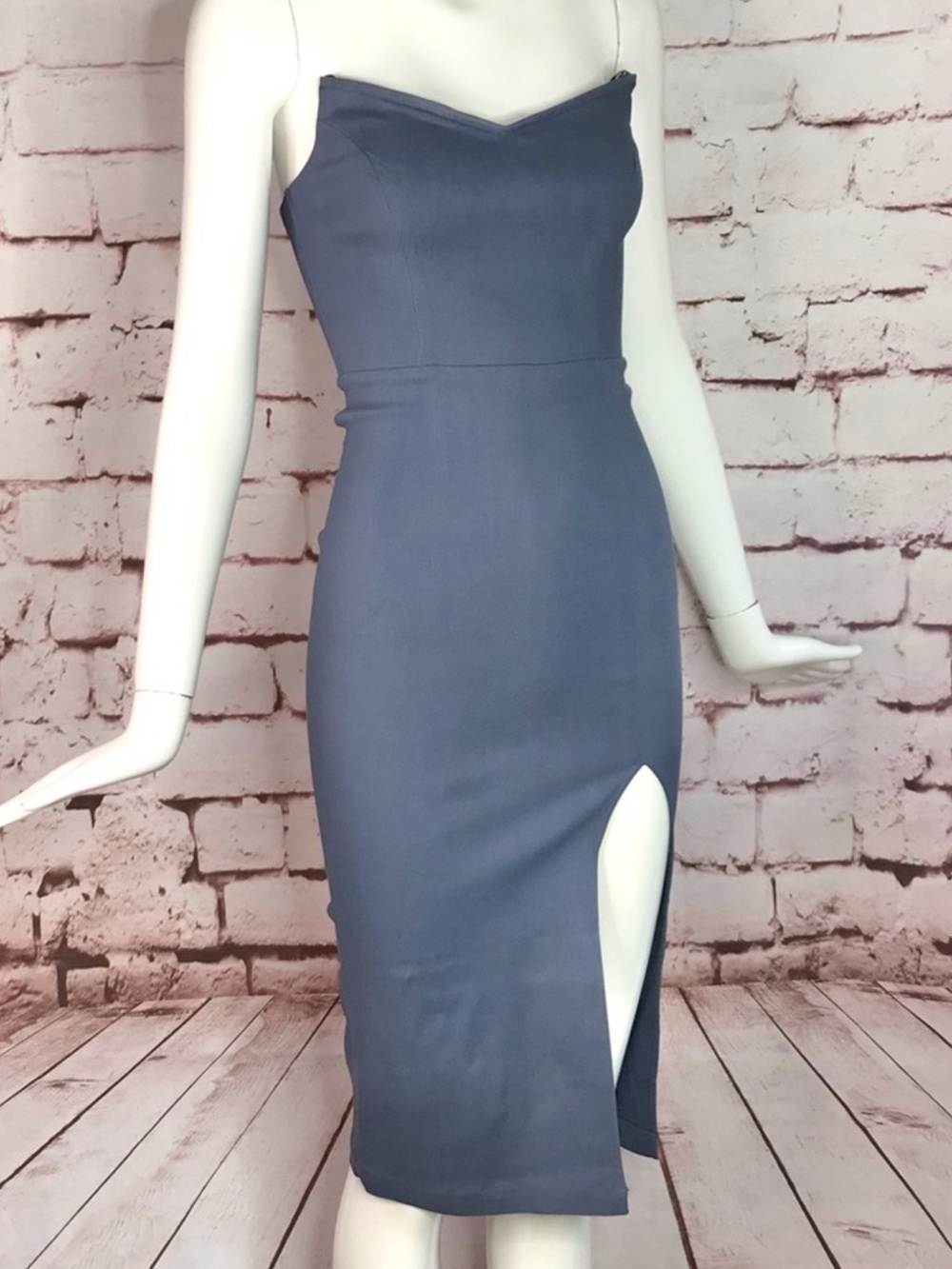 Women’s Strapless Midi dress in Slate Blue w/ slit - Picture 4 of 8